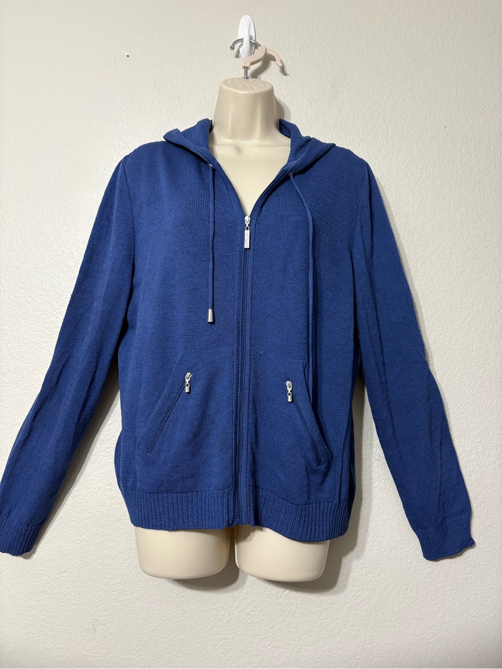 St. John Sport‎ Blue Wool Blend Knit Full-Zip Hooded Sweater Jacket Pockets M